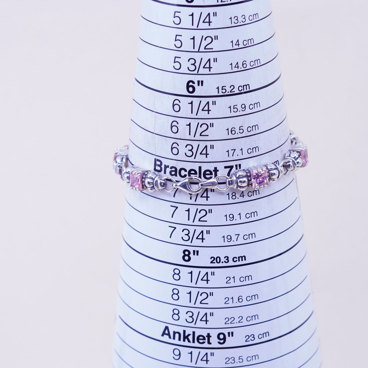 7”, Vintage Sterling 925 silver ribbed bracelet with pink crystals