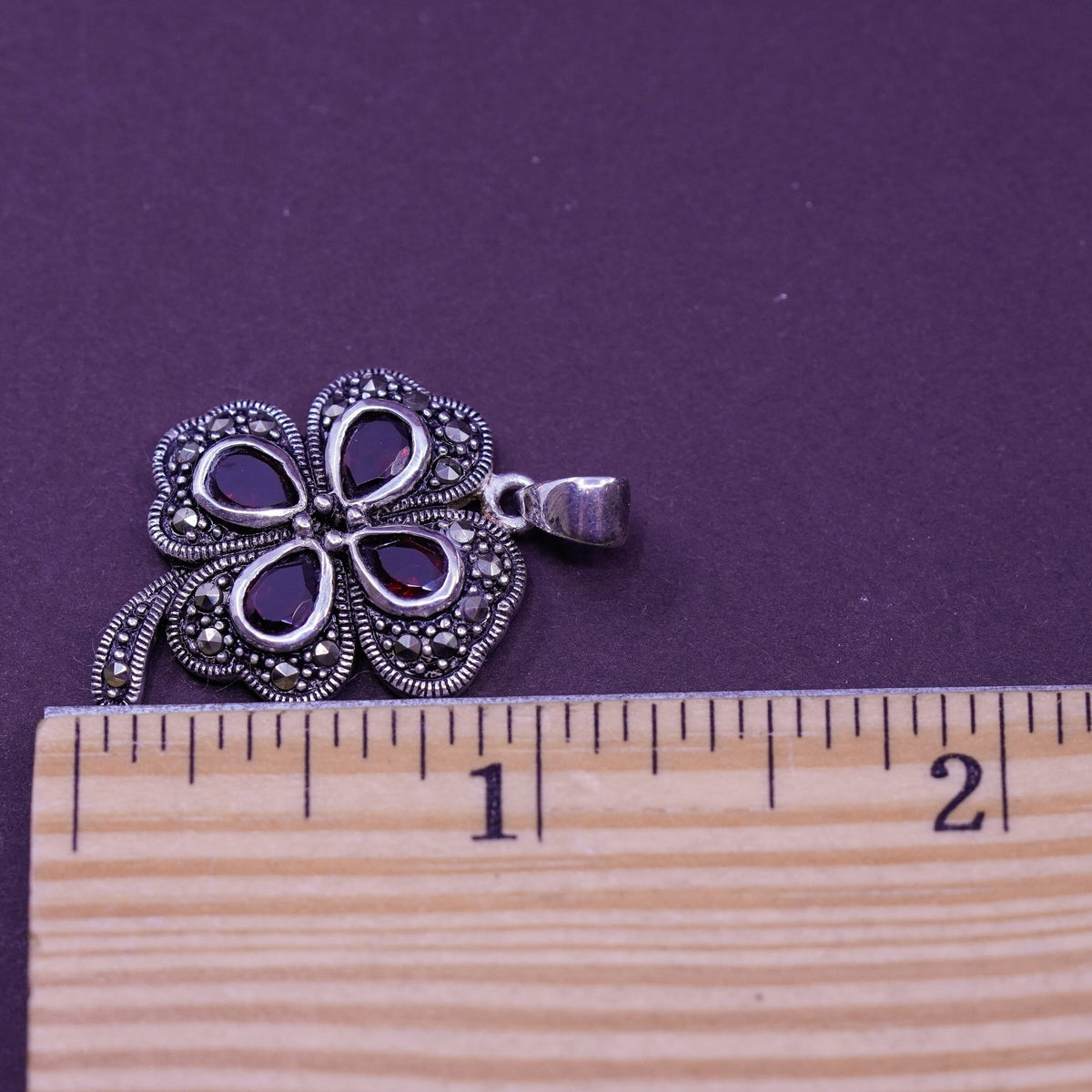 Sterling 925 Silver Handmade lucky four leaves clover Pendant ruby marcasite
