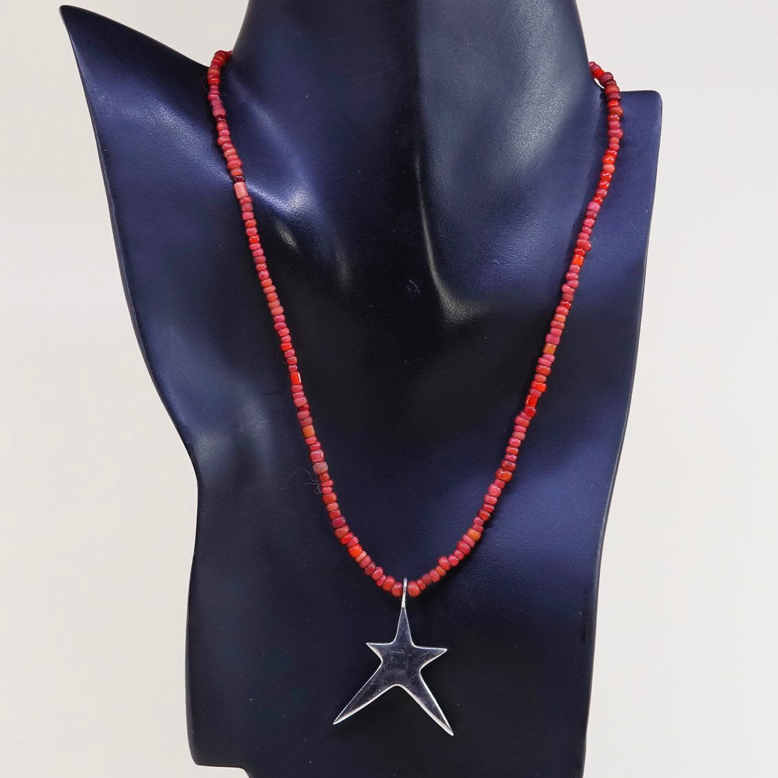 17”, RLA Native American necklace heishi coral beads W sterling 925 silver star