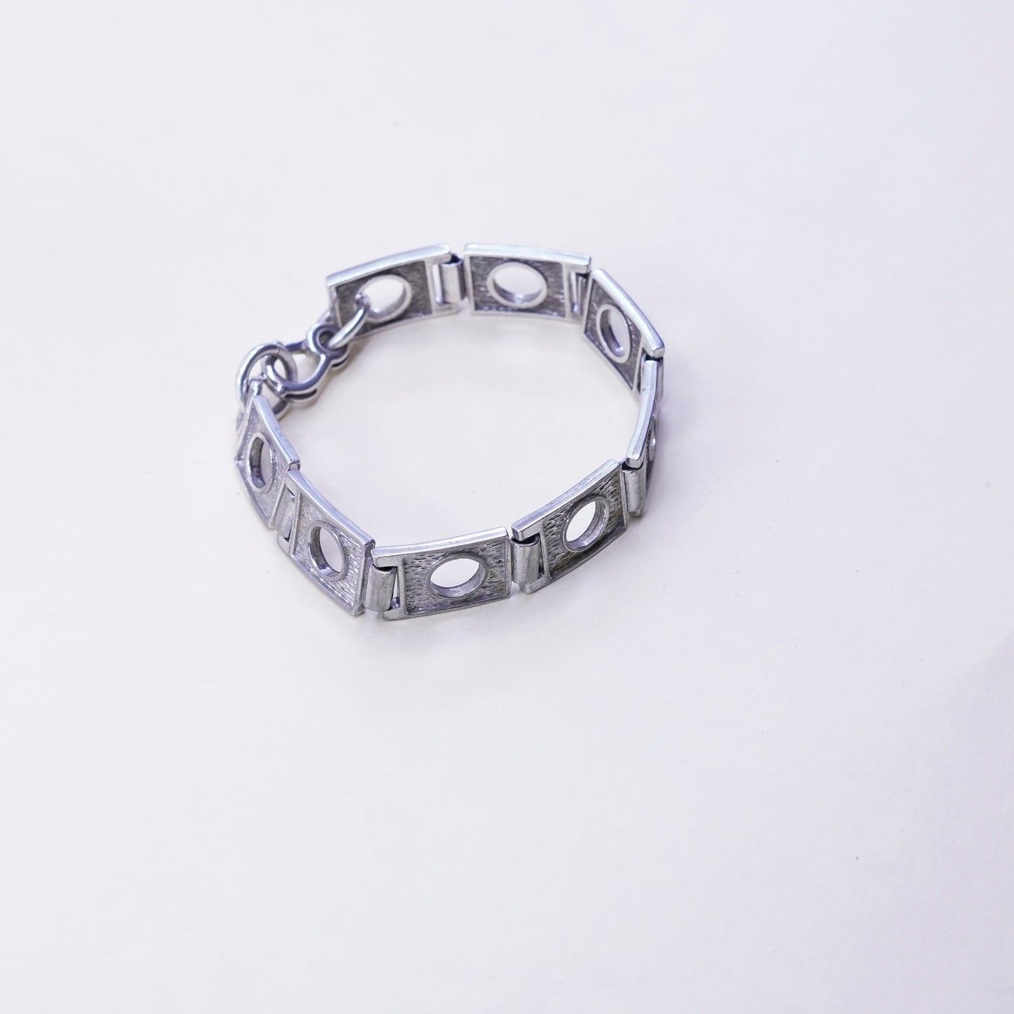 7”, vtg modern sterling silver tennis bracelet textured 925 square circle chain