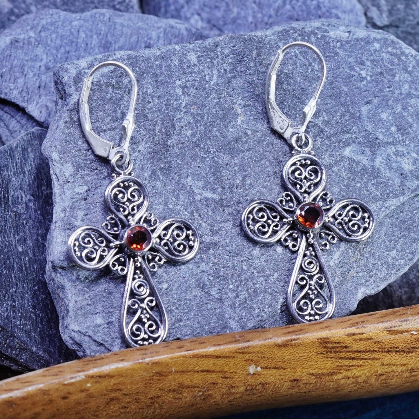 Vintage Sterling silver handmade earrings, 925 filigree cross with ruby