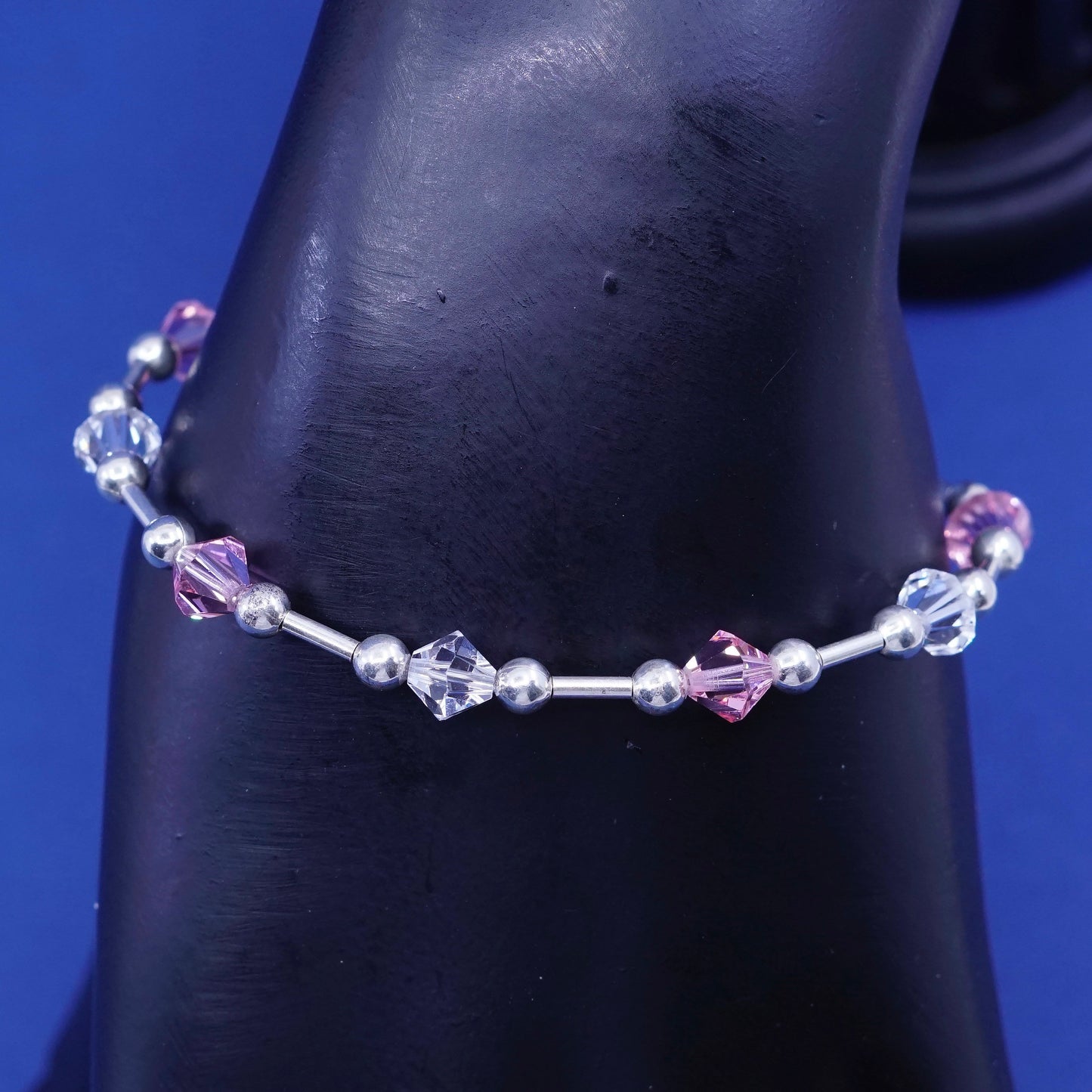 6.75”, vintage sterling 925 silver handmade bracelet with pink crystal beads