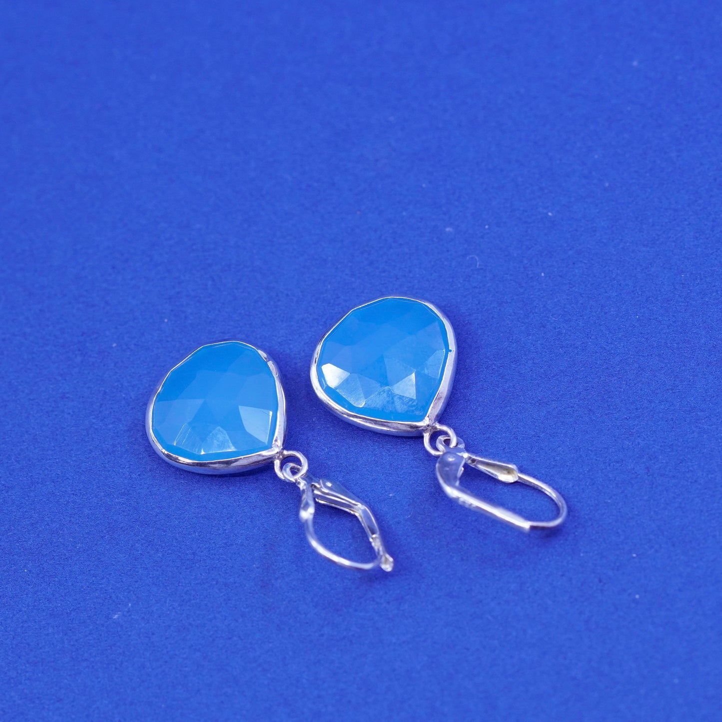 Sterling 925 silver handmade earrings with teardrop blue Chalcedony Dangles