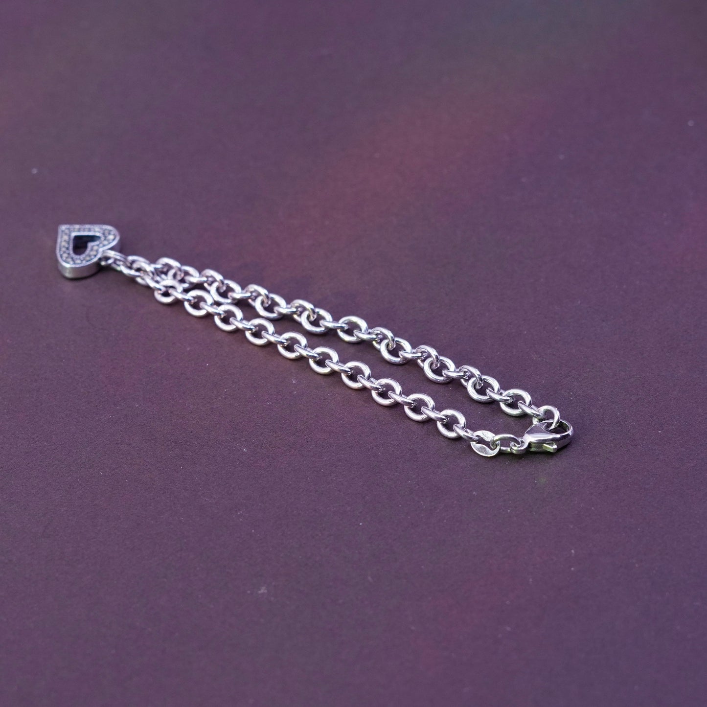 6.75” Judith Jack Sterling silver bracelet, 925 bold circle chain heart charm