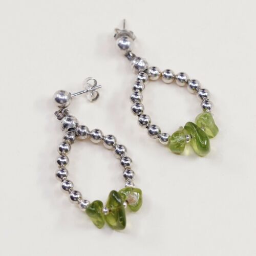 Vtg Mexico Sterling Silver Handmade Earrings, 925 Dangles W Peridot Beads