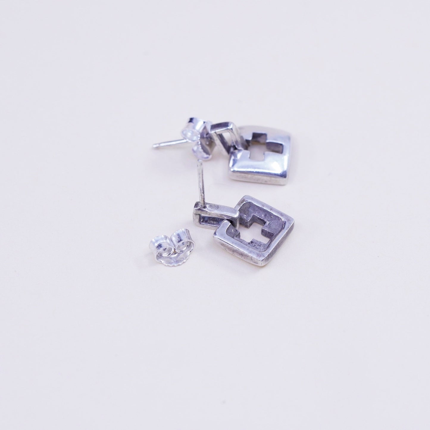 Vintage Sterling 925 silver handmade earrings with square cross cut out