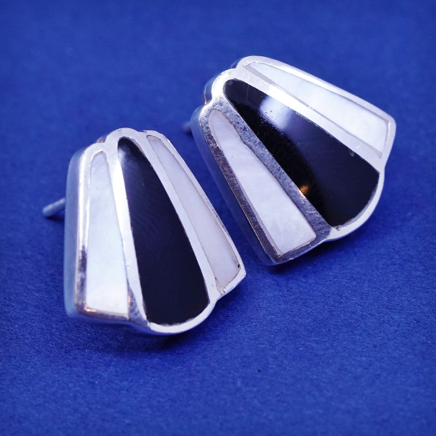 sterling silver handmade earrings, 925 studs with mother of pearl and obsidian