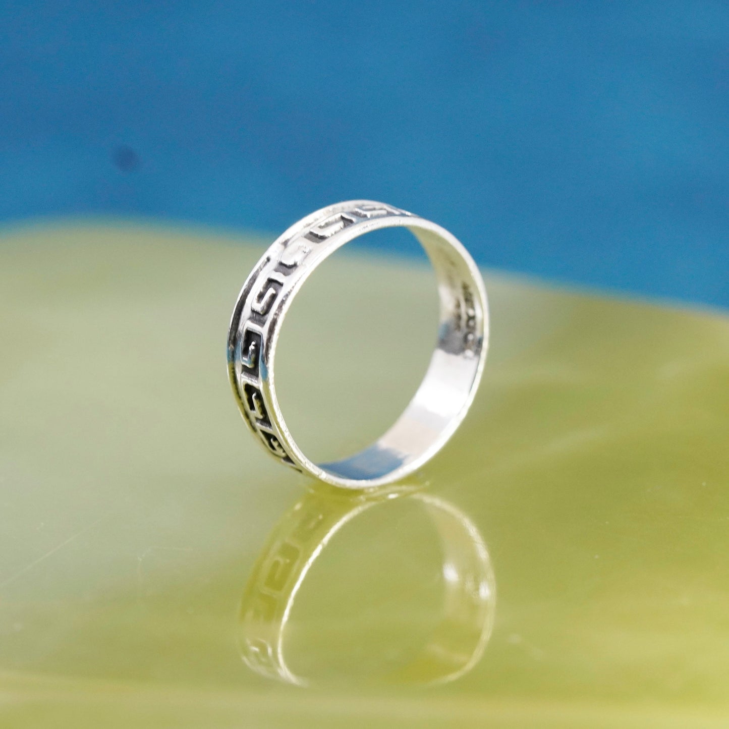 Size 7, vintage Sterling silver handmade ring, 925 band with Greek key pattern