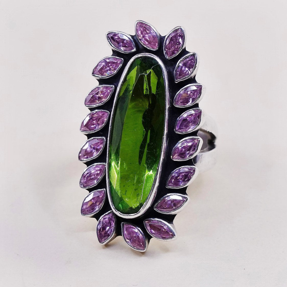 sz 6.25, sterling 925 silver handmade statement ring, peridot n pink crystal