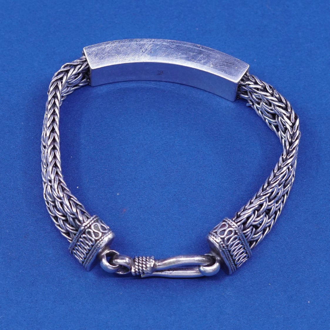 6.5”, vtg Sterling silver handmade bracelet, 925 wheat chain w/ swirl bar
