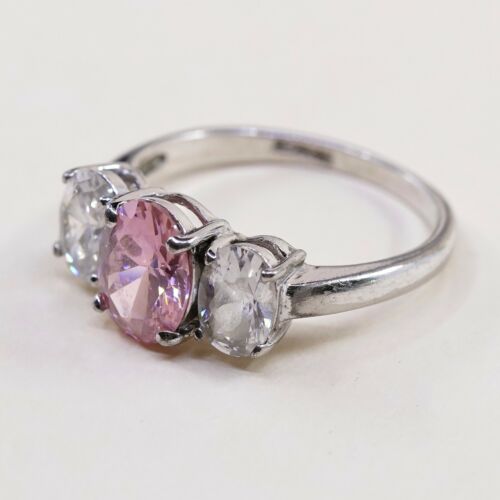 Sz 8, Sterling Ring, 925 Silver Fashion Engagement Ring W/ Pink N Clear Cz
