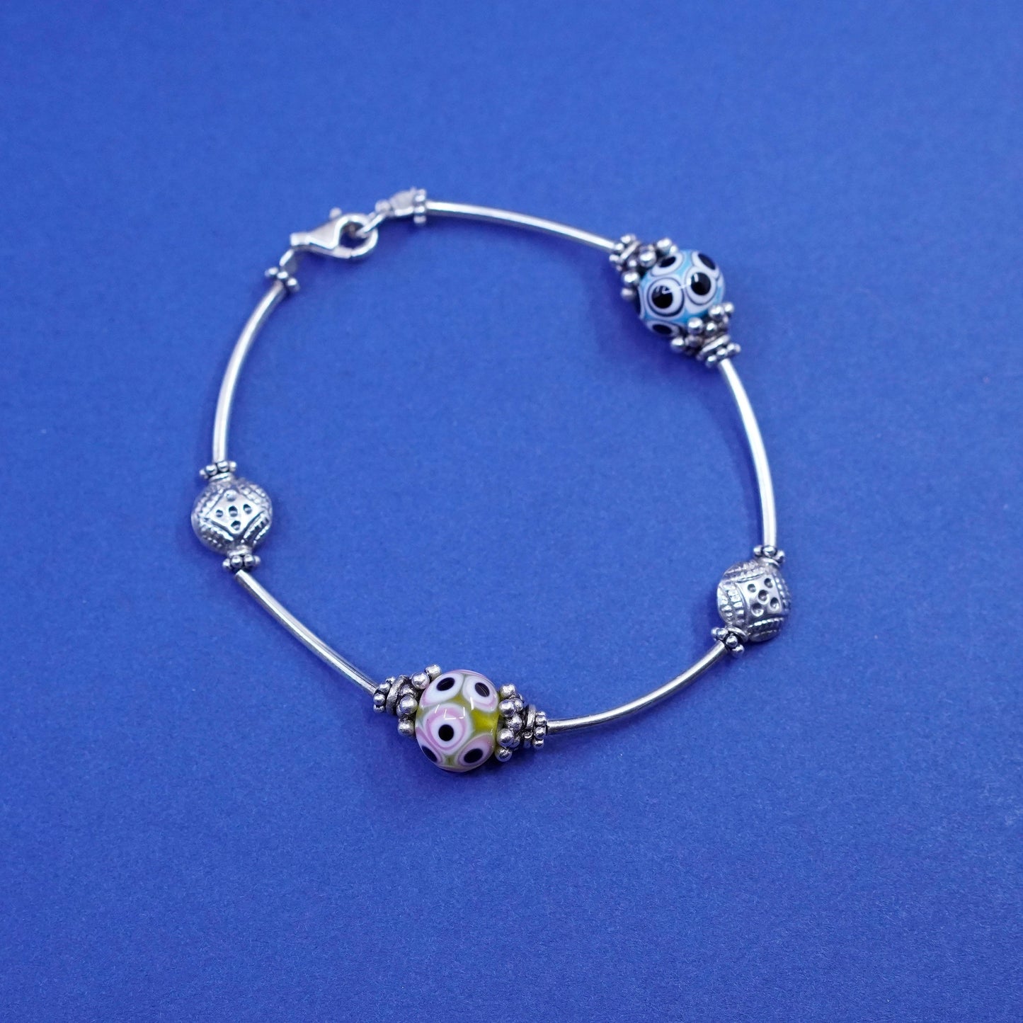 6.75”, vintage Sterling silver handmade bracelet, 925 bar tube w/ crystal beads