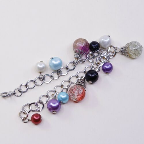 7.25”, Vtg Antique Silver Tone Handmade Bracelet W/ Blue Pear N Foiled Glass