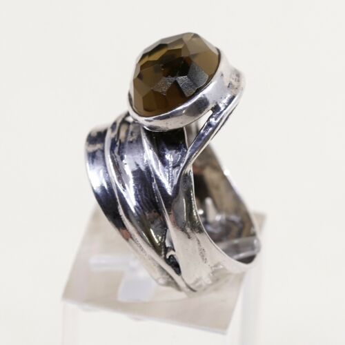 Sz 6, Vtg Sterling Silver Handmade Ring, 925 Silver Wrinklly Band W Smoky topaz