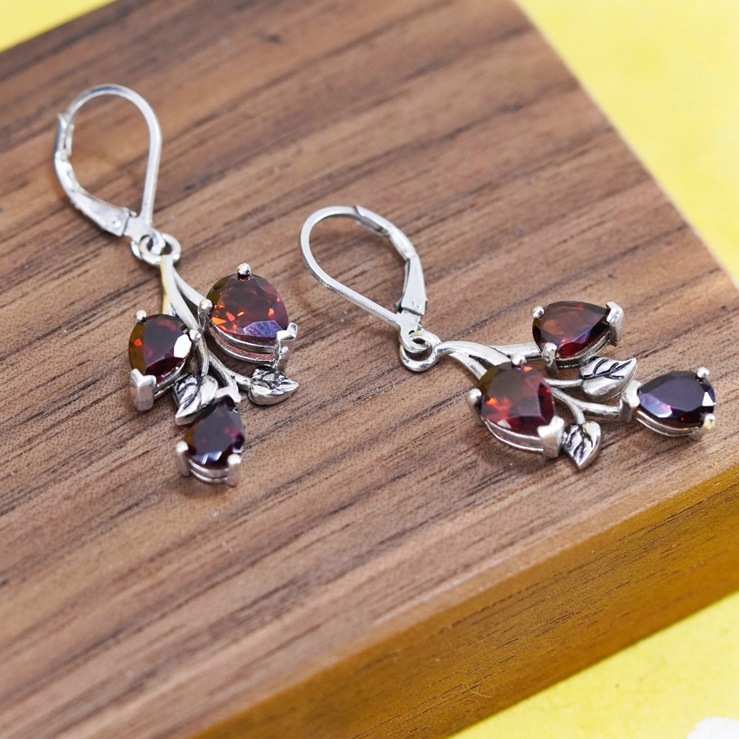 Vintage Sterling 925 silver handmade leafy earrings with ruby