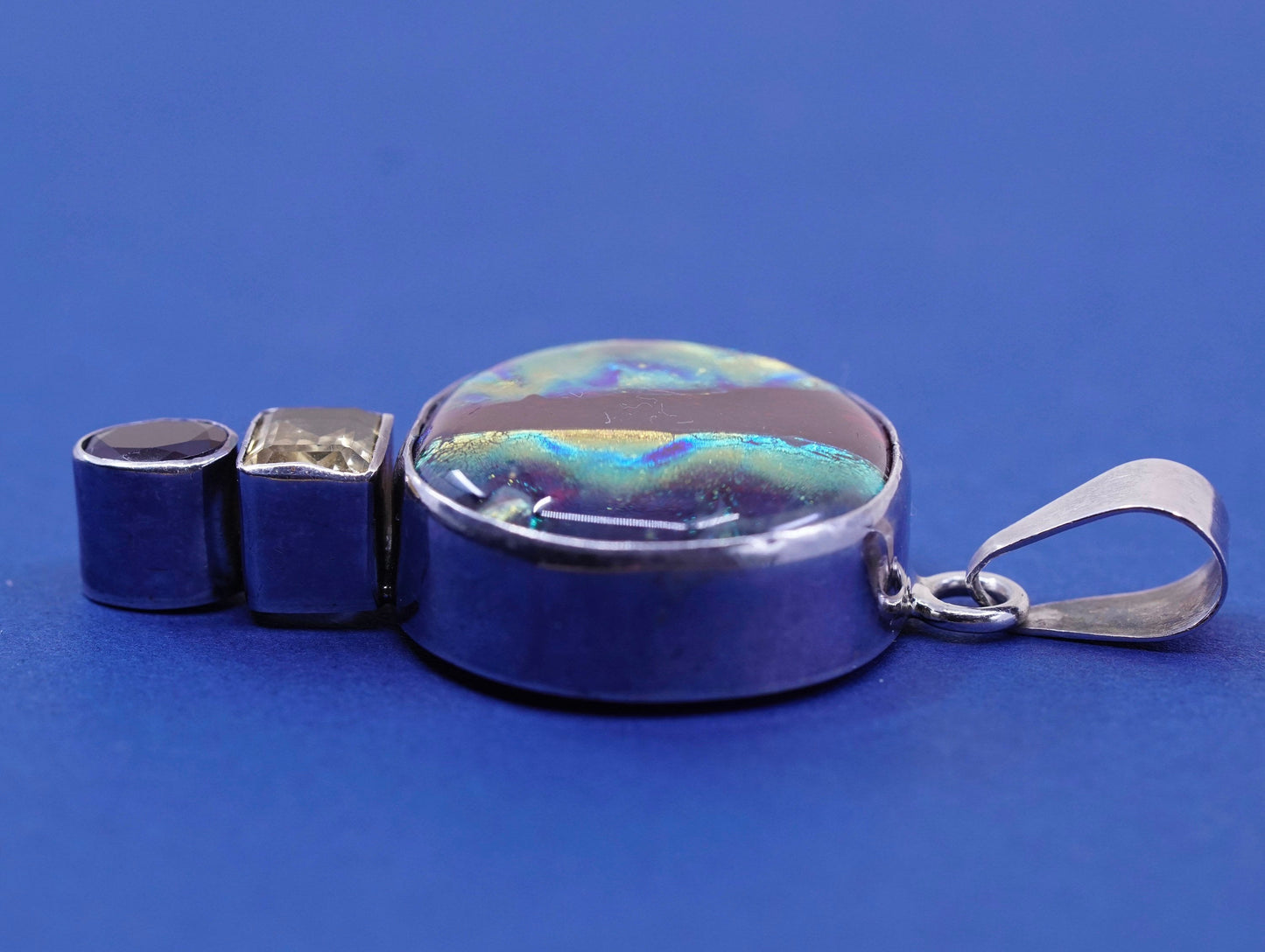vtg sterling 925 silver handmade pendant with dichroic glass and citrine ruby