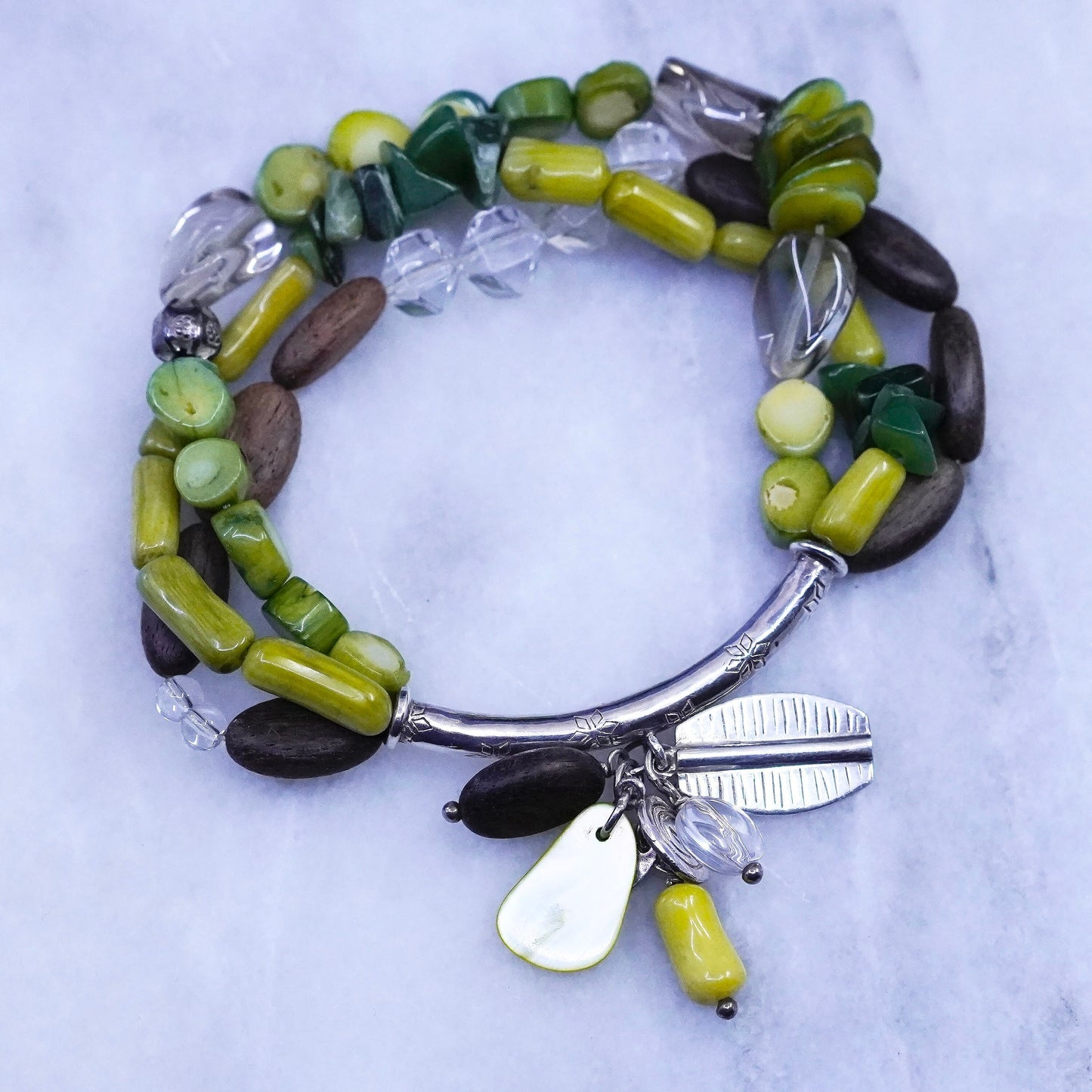 6.74”, Silpada Green Sterling 925 Silver Coral Wood Leaf Shell Bracelet B2095