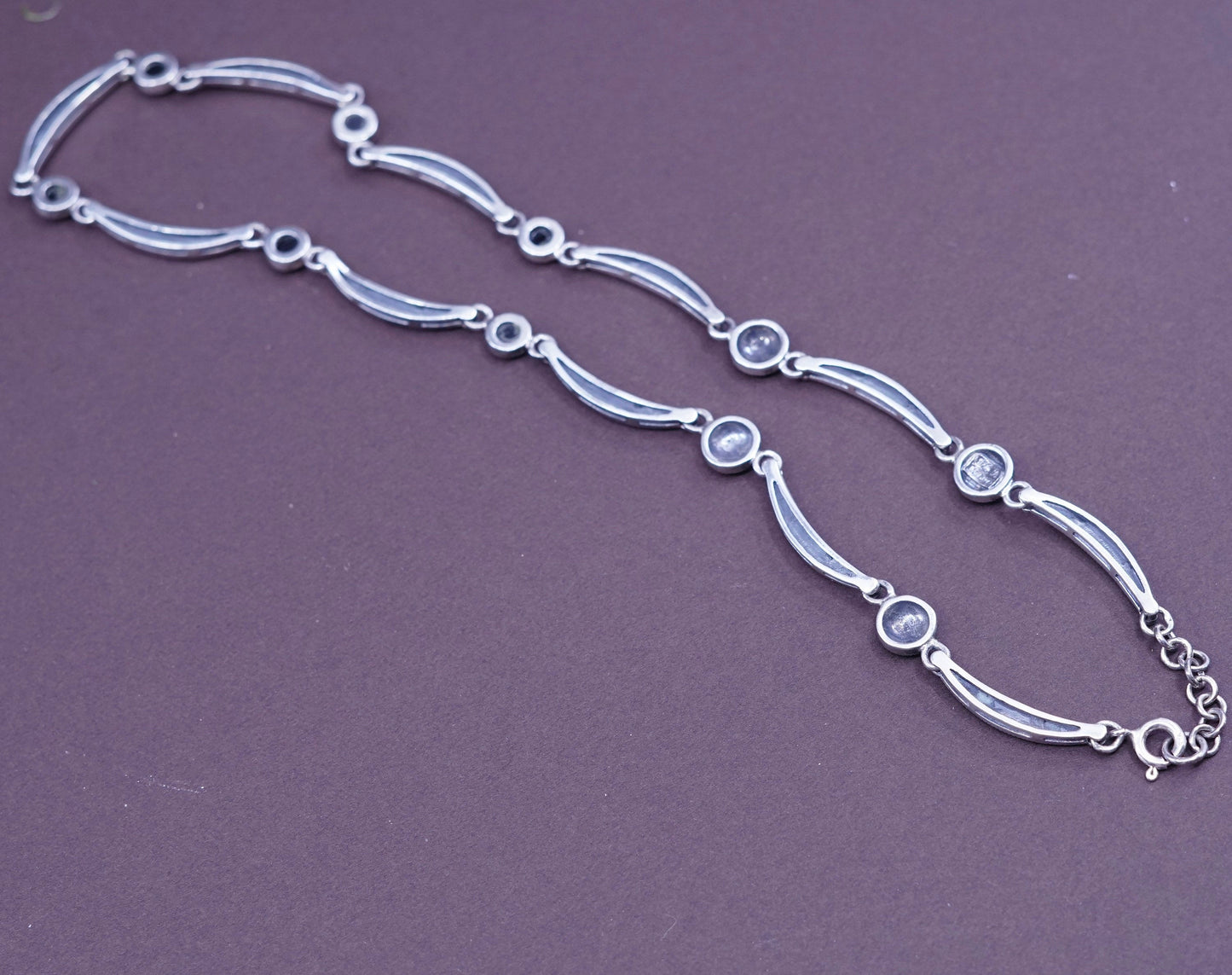 16”, vtg sterling silver necklace, 925 DNA chain w/ marcasite N obsidian