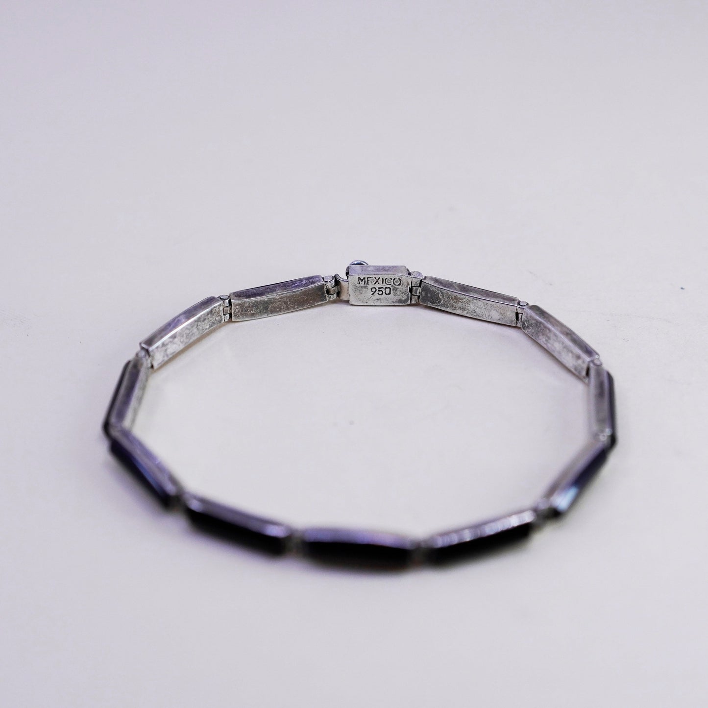6.75”, Vintage mexico escocia Sterling 950 silver handmade bar bracelet onyx