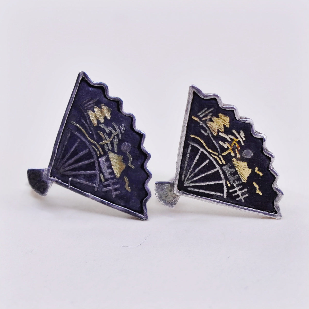vintage two tone Sterling silver earrings 925 screw back Japanese fan landscape