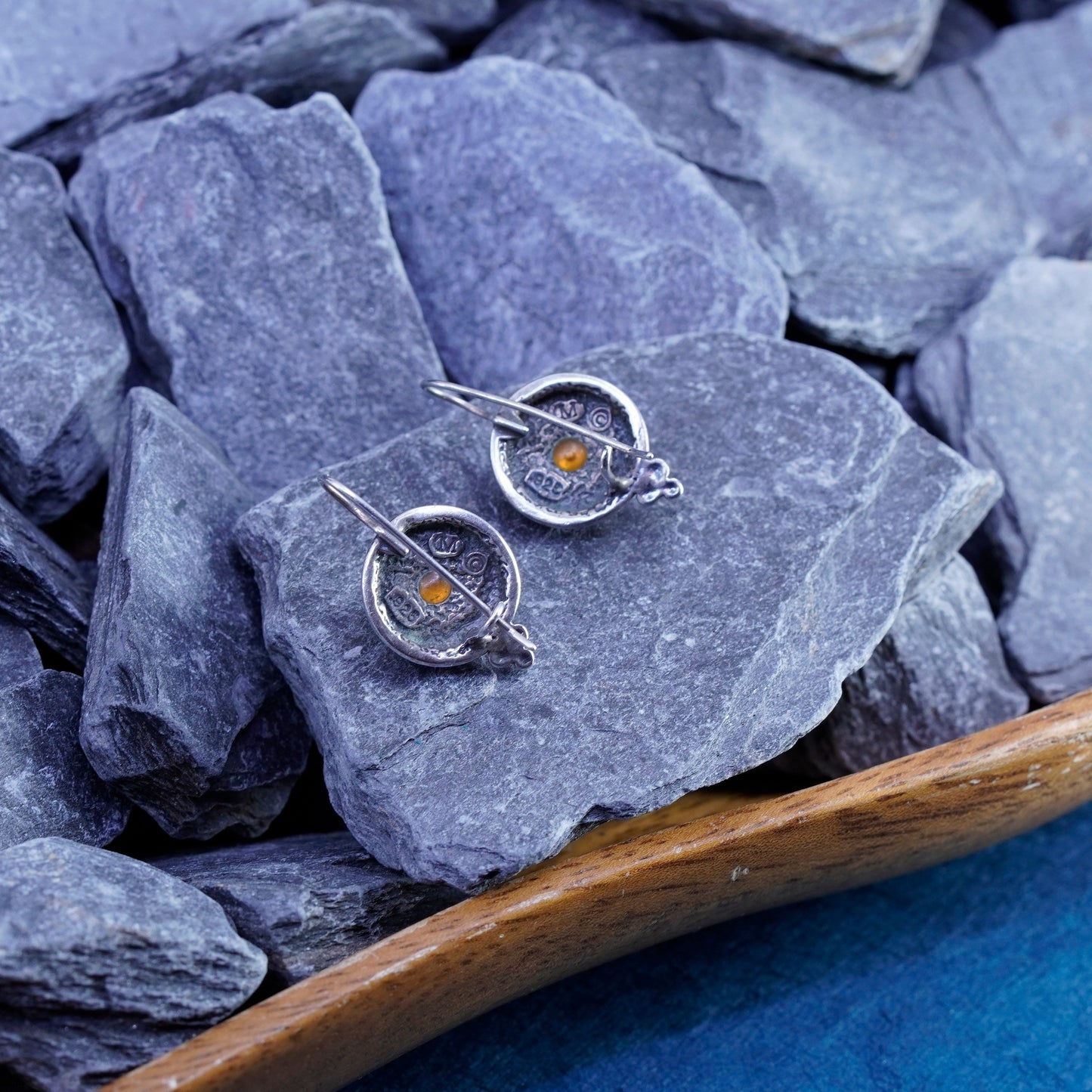 Vintage Sterling silver handmade earrings, M Fain 925 circle with blue crystal