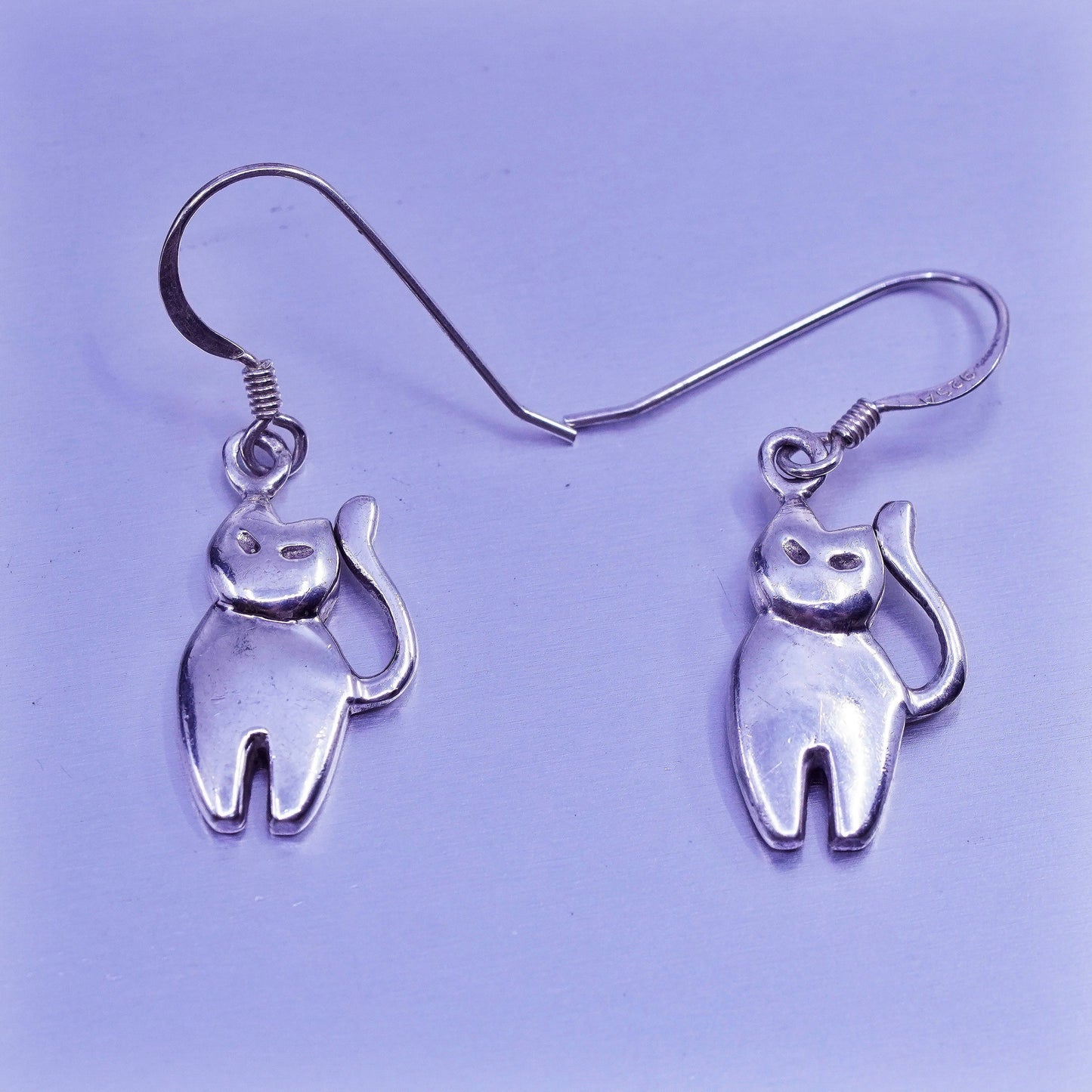 vintage Sterling silver handmade earrings, 925 cat kitty dangles