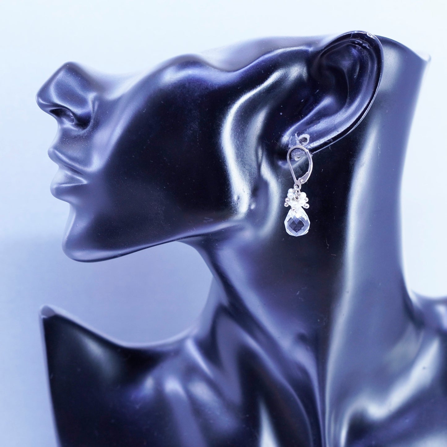 Vintage designer Sterling 925 silver handmade oval earrings w/ teardrop crystal