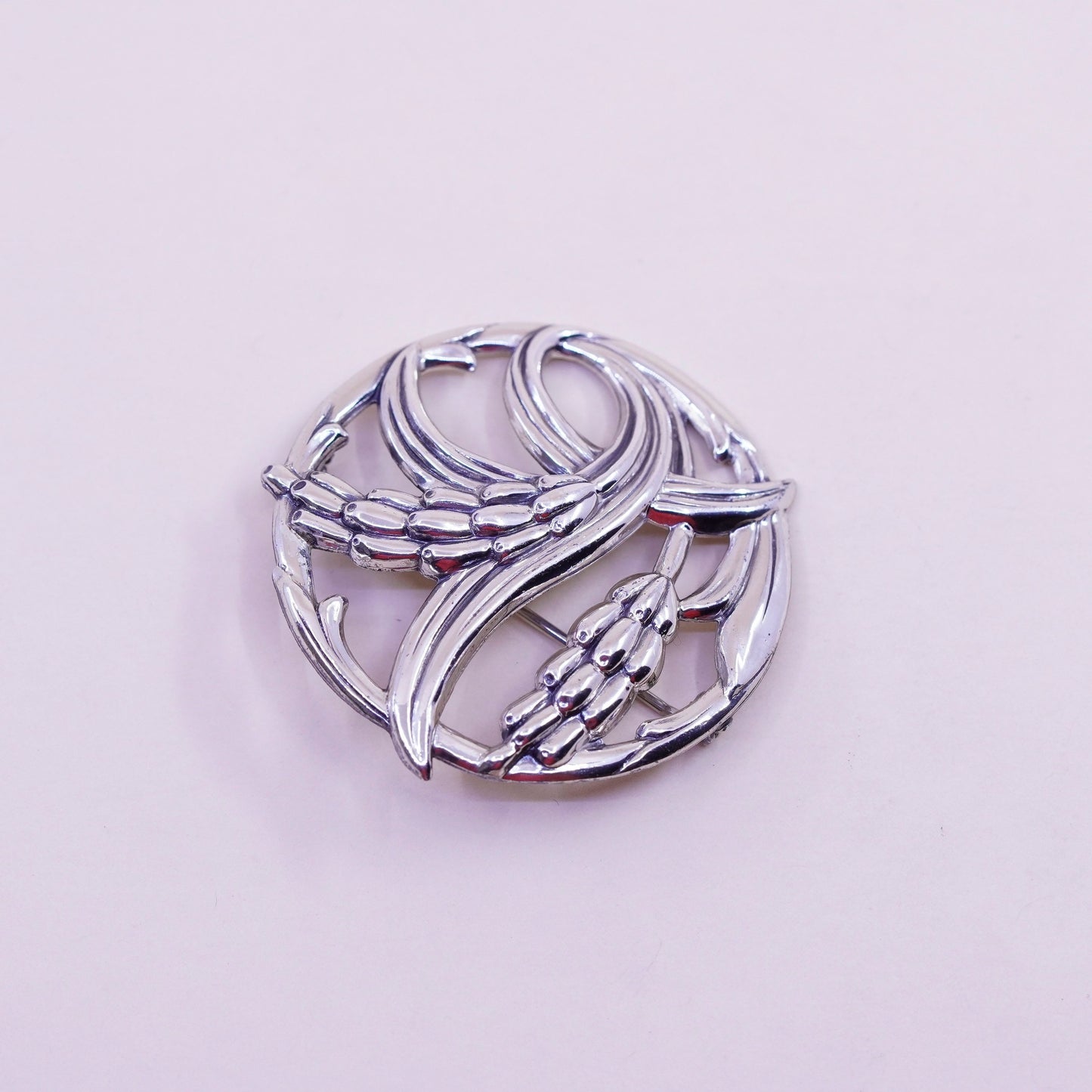 Vintage sterling silver handmade brooch, 925 wheat circle, Christmas pin