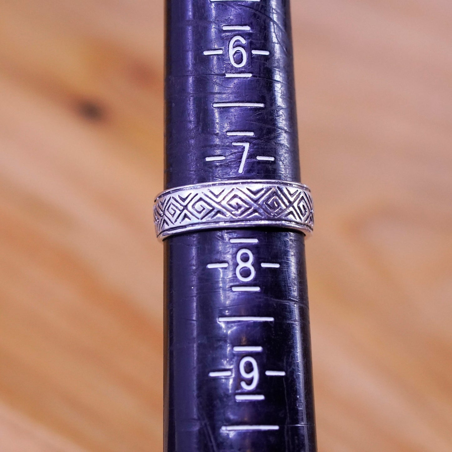 size 7.25, vintage Sterling silver handmade ring, 925 Greek key textured band