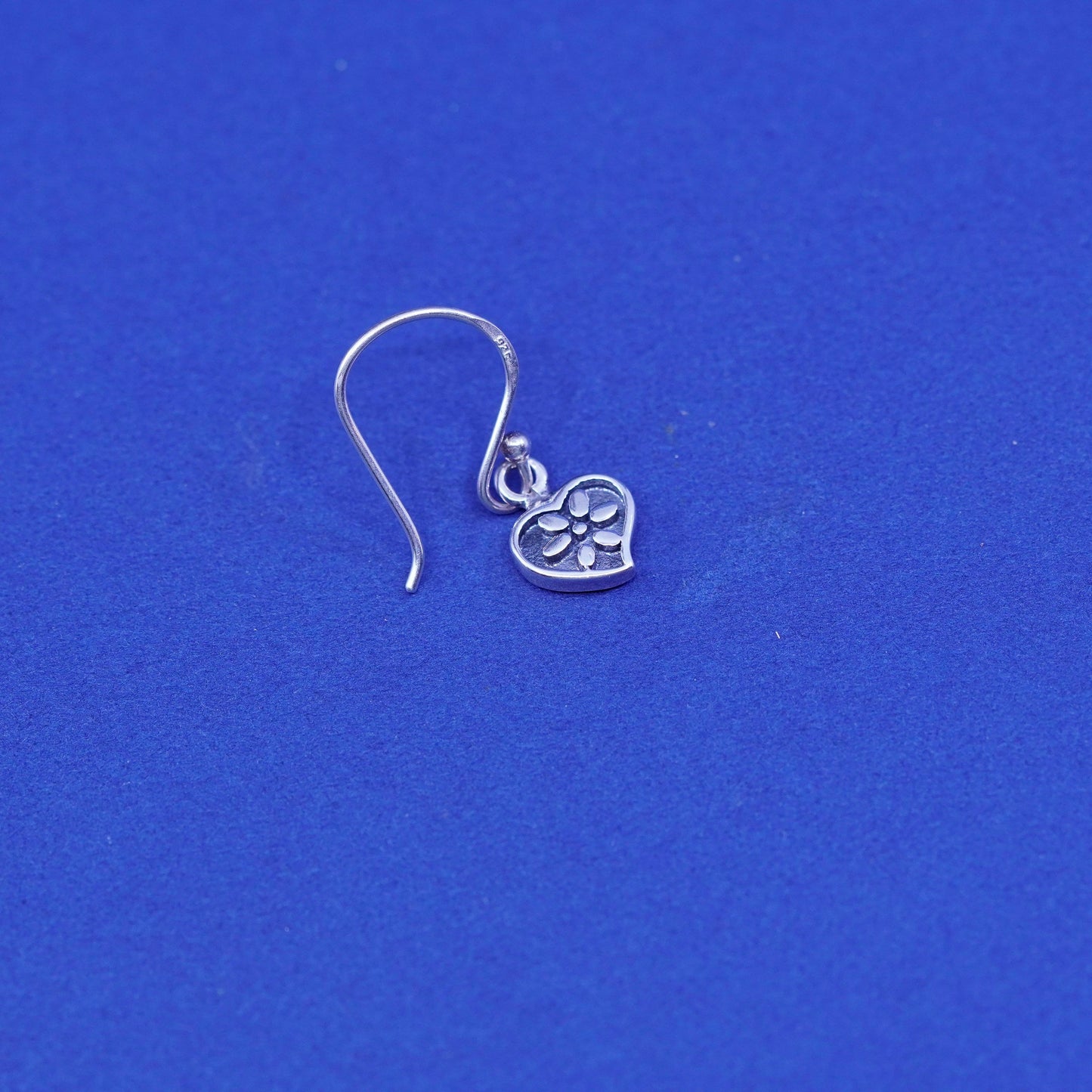 Vintage Sterling silver handmade earrings, 925 heart with flower pattern relief