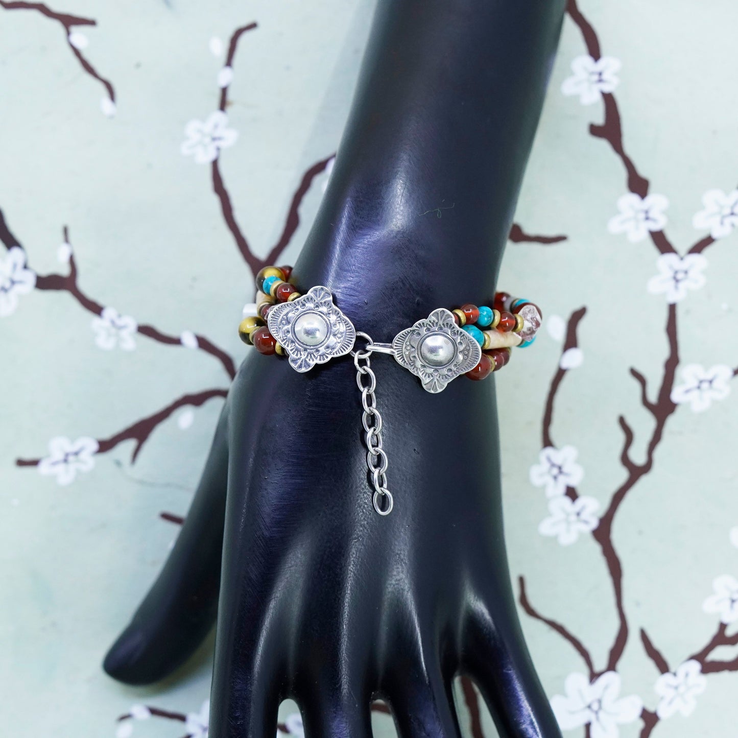 5.5+1”, southwestern 925 Sterling silver bracelet garnet beads jasper turquoise