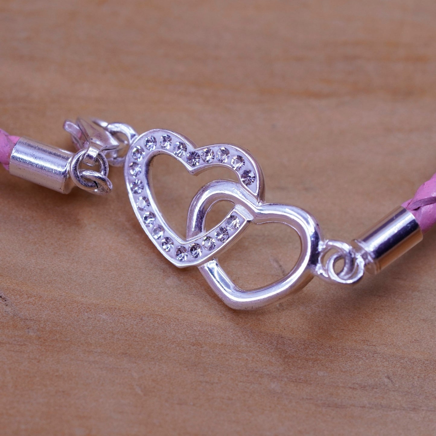 7”, braided woven leather bracelet with sterling 925 silver double heart charm