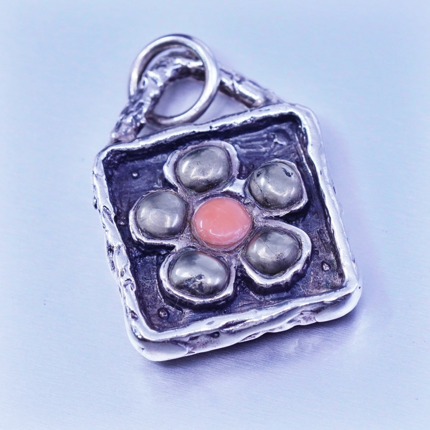 peyote bird sterling 925 silver rectangular flower pendant hematite coral