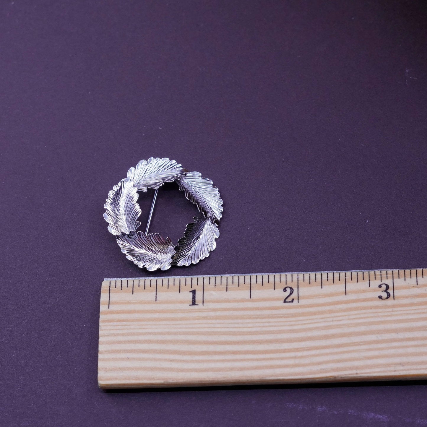 Vintage beau handmade sterling 925 silver leaf circle brooch, stamped sterling Beau
