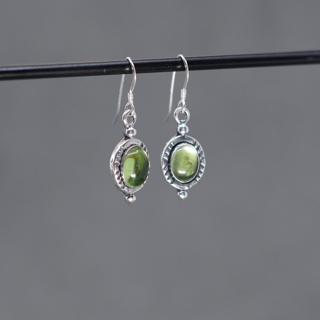 vtg Israel Sterling silver handmade earrings, 925 w/ green glass