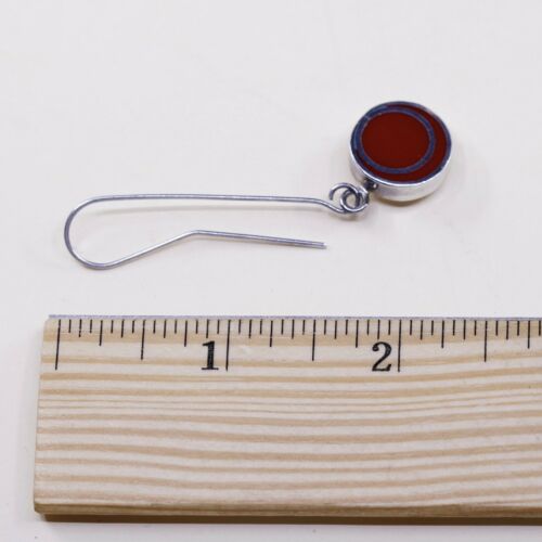 Signed TEGO & Co Sterling Silver Red Lucite Round Modernist Long Hook Earrings