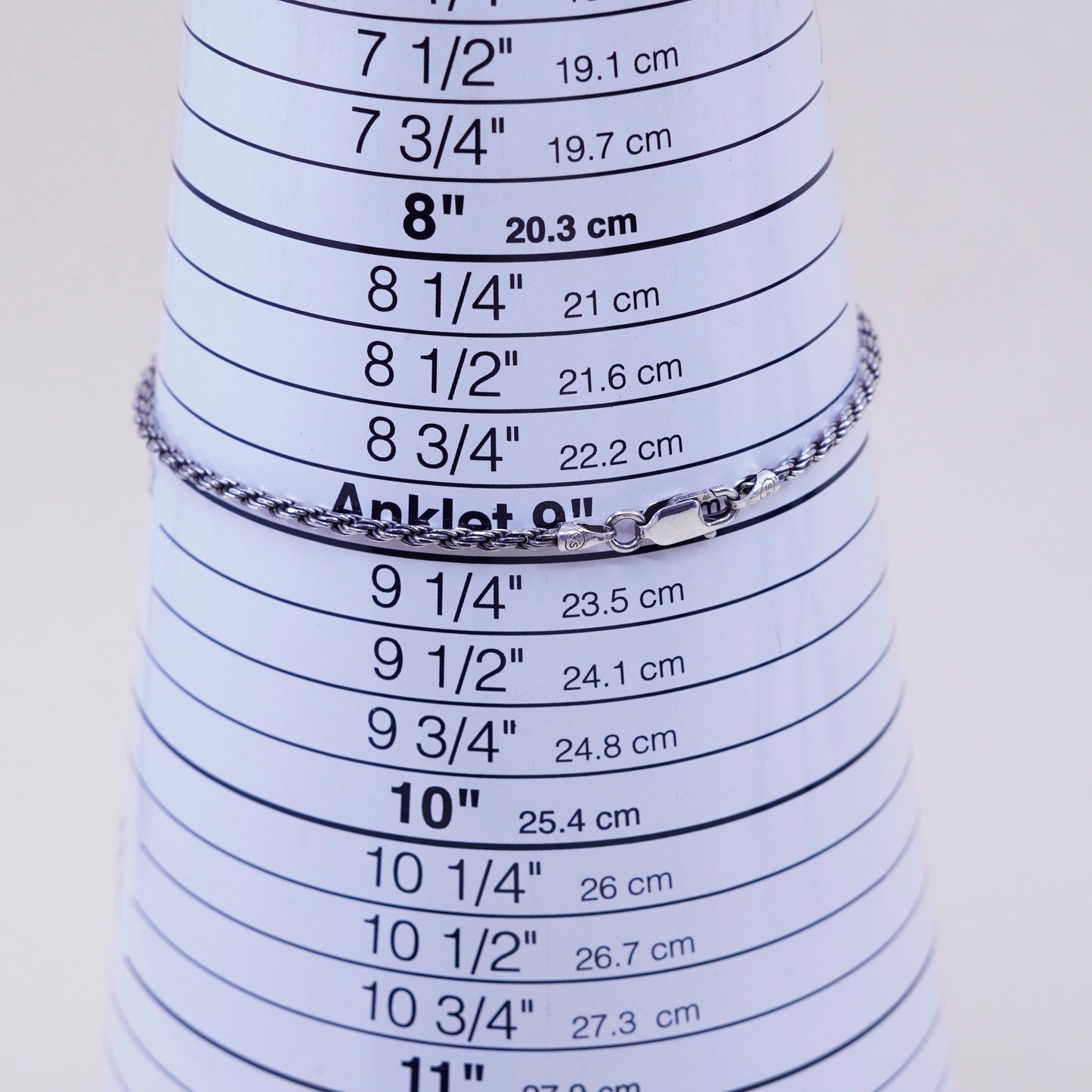 9”, 2mm, Vintage sterling 925 silver Italy rope chain bracelet