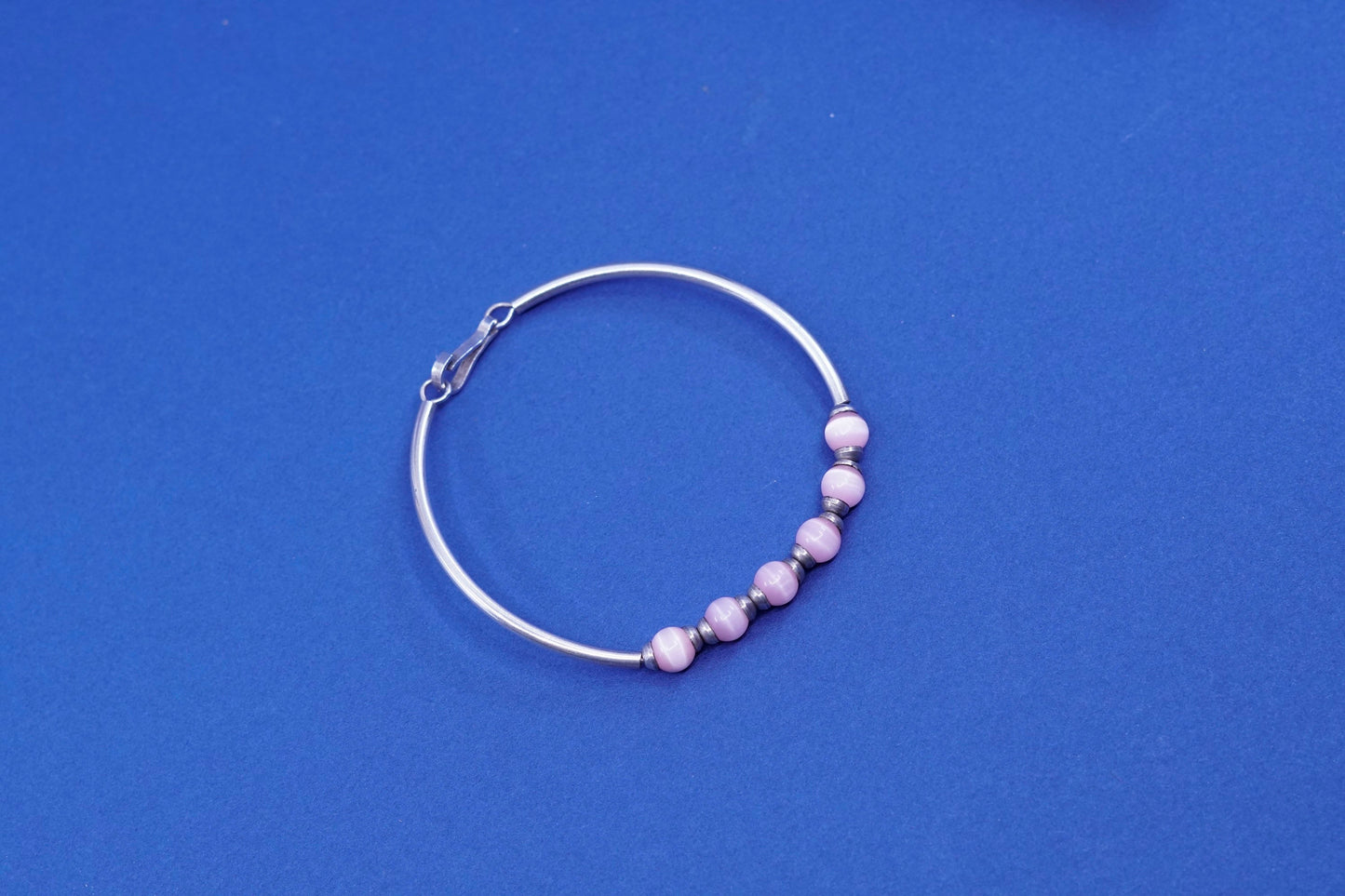 6.5”, Sterling silver handmade bangle bracelet, 925 bangle w/ pink cat’s eye