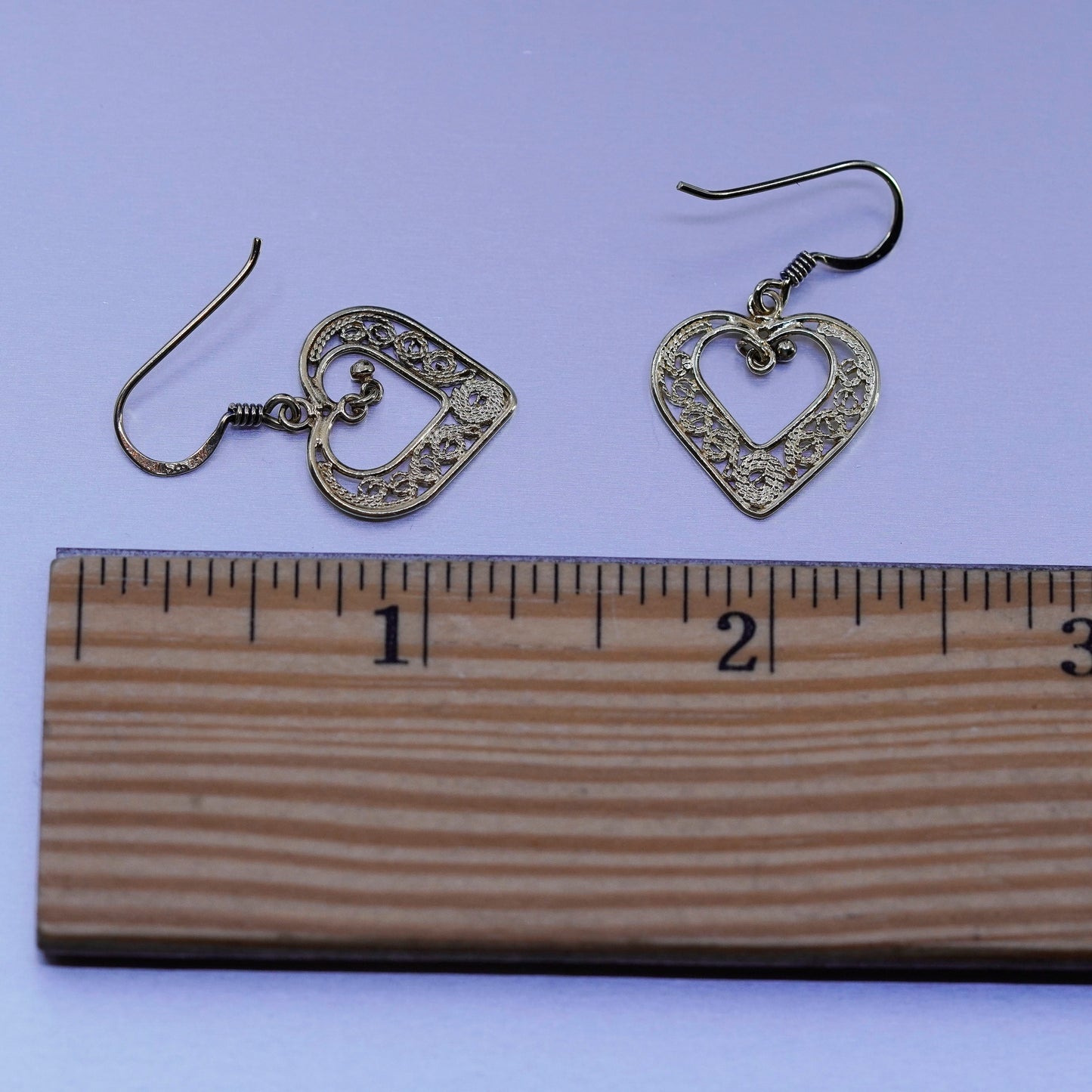 Vintage vermeil gold over Sterling 925 silver handmade filigree heart earrings