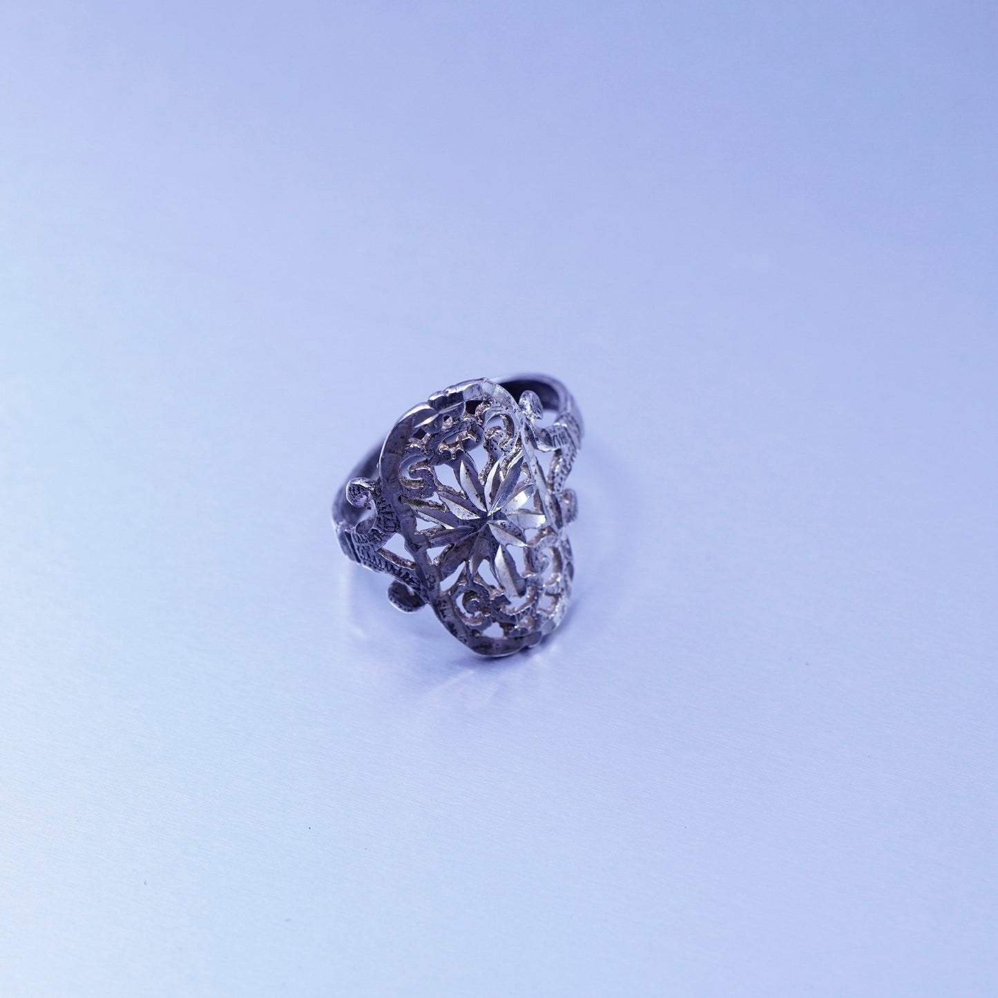 Size 6, vintage Sterling 925 silver handmade ring, filigree snowflake band