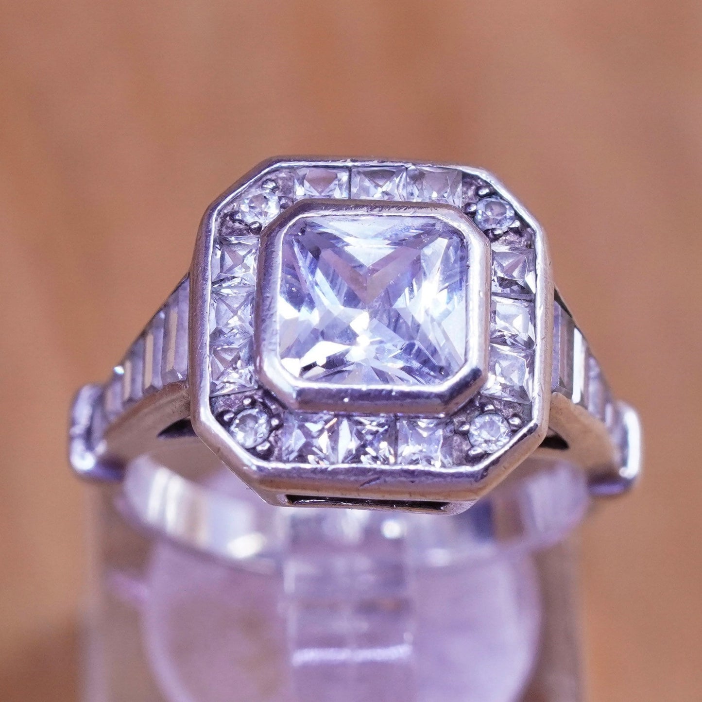 Size 7, vintage Sterling 925 silver engagement ring with cluster cz