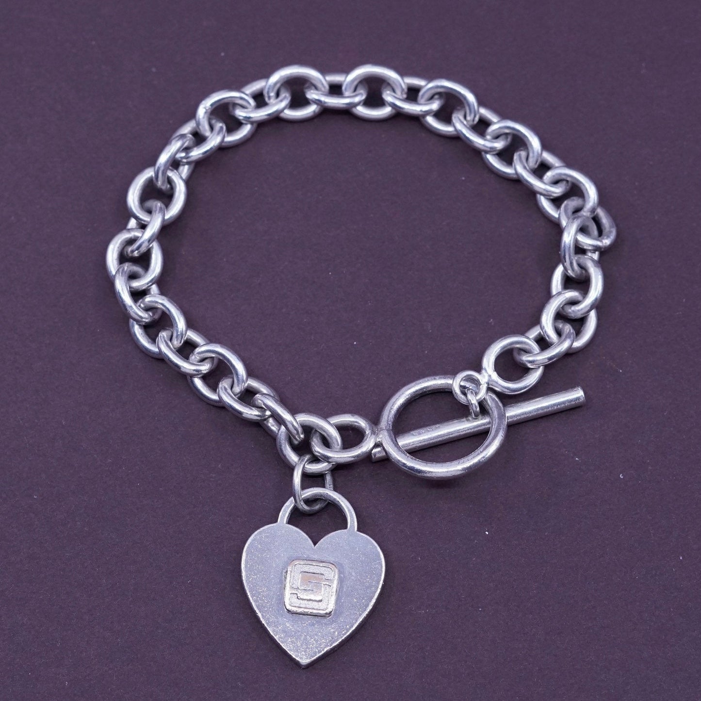 6.75”, terryberry Sterling silver bracelet 925 bold circle chain w/ heart charm