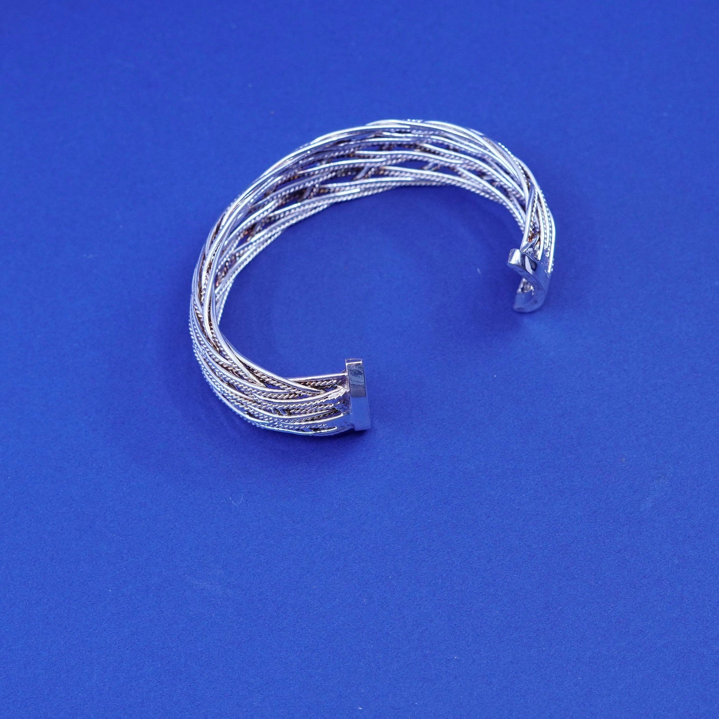 7”, vtg sterling silver handmade bracelet, wide 925 silver braided woven cuff