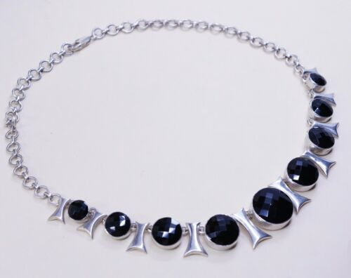 18", Vtg Mexico Modern Handmade sterling 925 silver necklace W/ Checker Obsidian