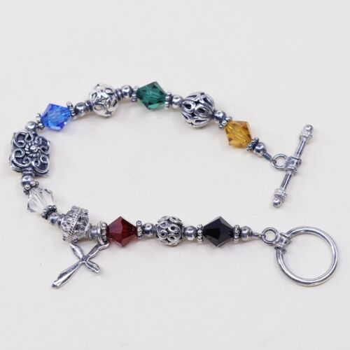 6”, Vtg Sterling Silver Handmade Bracelet 925 Bali W/ Swarovski Crystal Beads