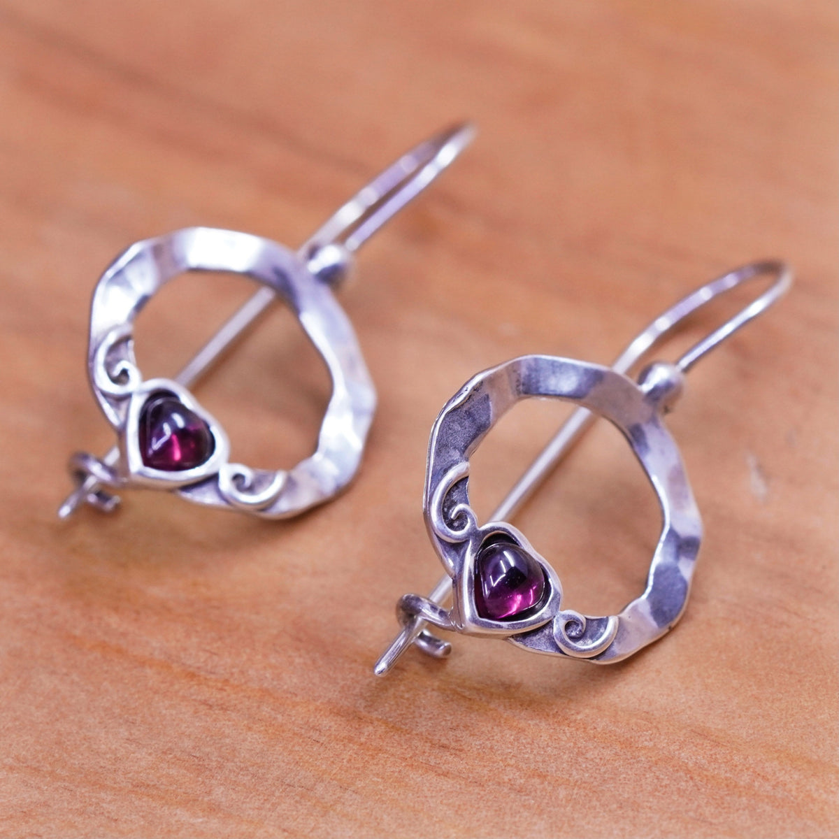 Israel wax casting Sterling silver handmade earrings, 925 hoops heart garnet