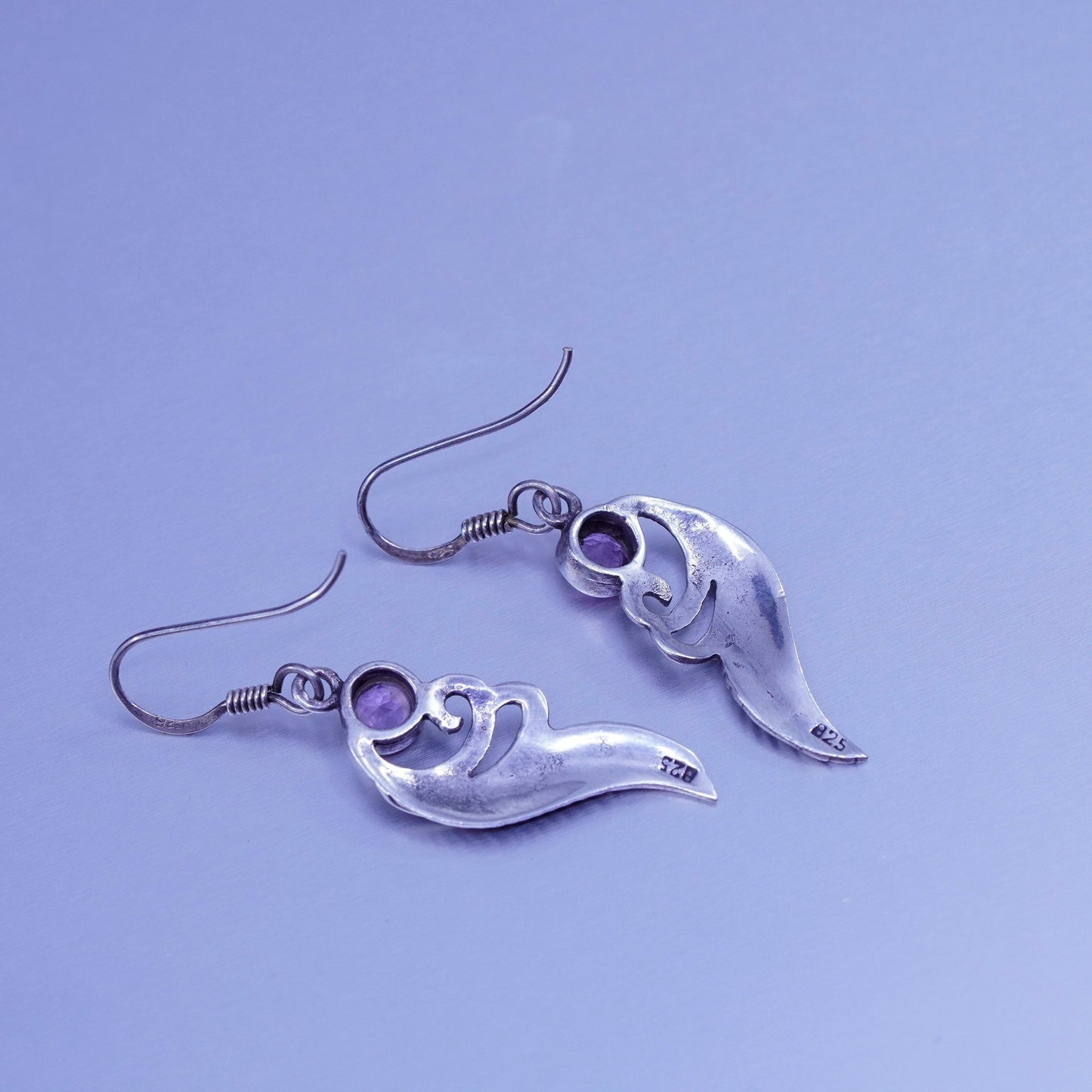Vintage Sterling 925 silver handmade earrings with amethyst and leaf