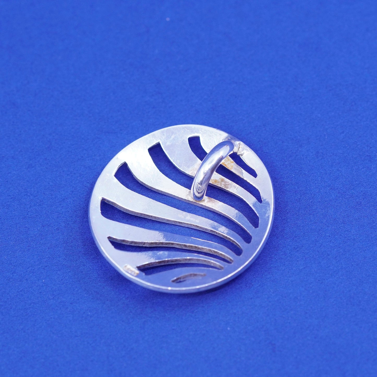 Vintage sterling silver handmade pendant, modern 925 wavy circle