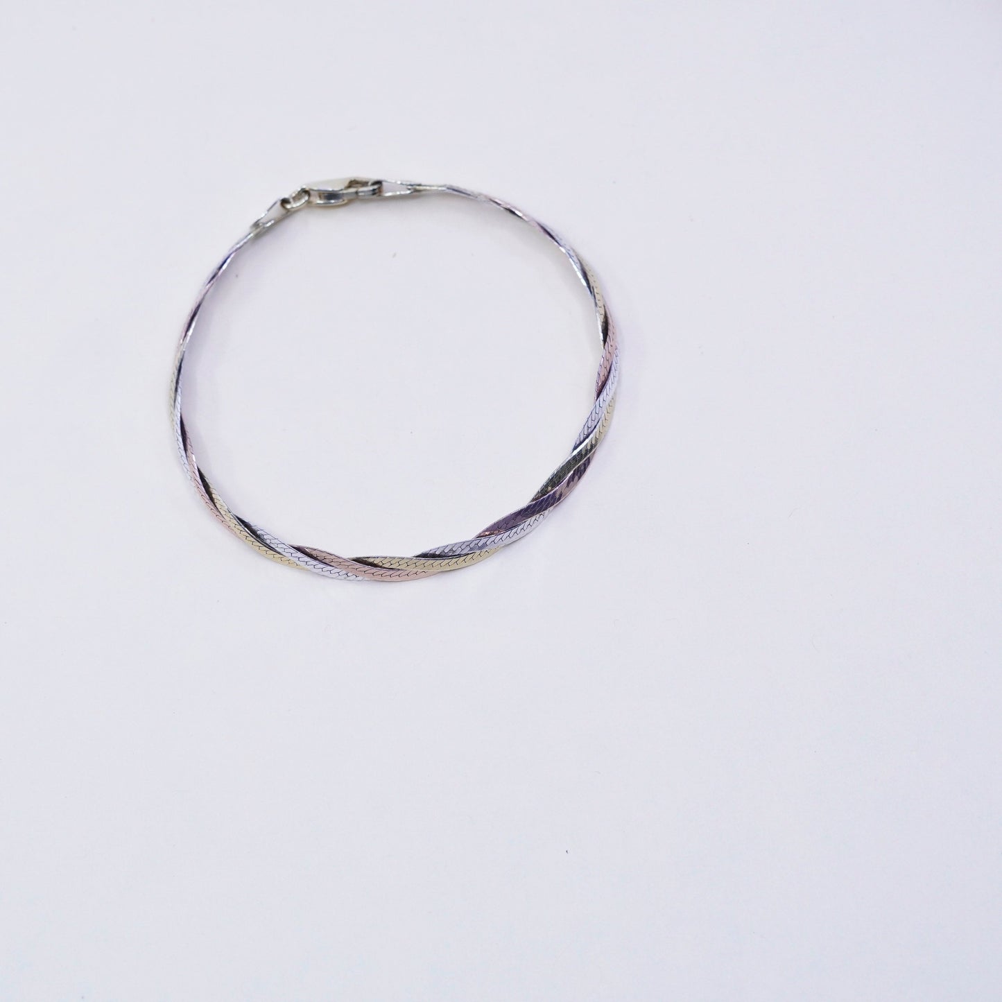 7”, vermeil gold sterling silver bracelet, triple tone 925 herringbone chain