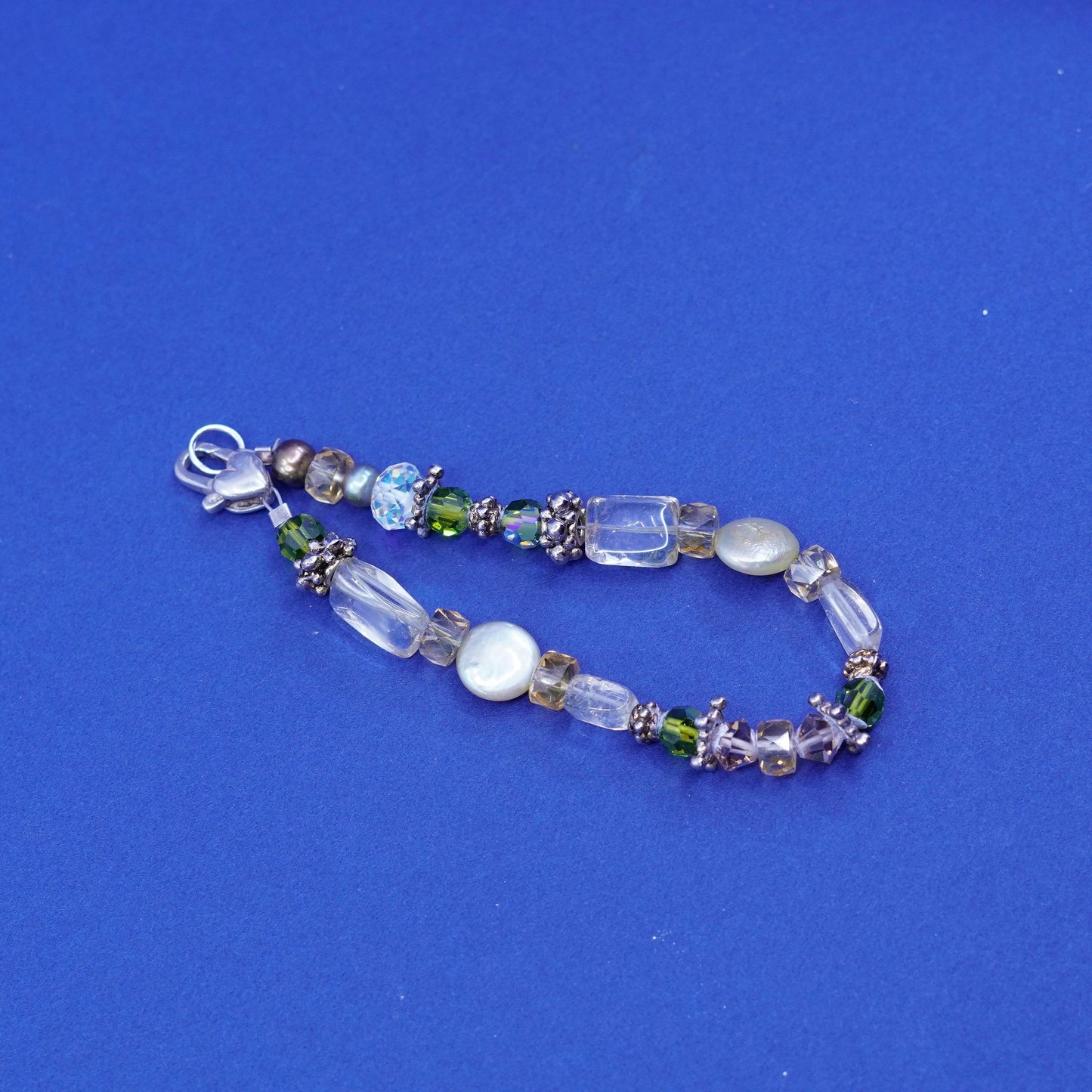 7”, sterling 925 silver handmade bracelet, genuine pearl w/ pink crystal beads